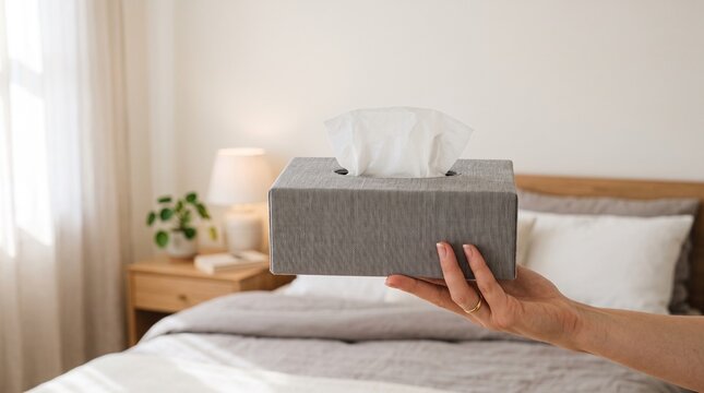 Person holding gray fabric tissue box cover in cozy bedroom interior