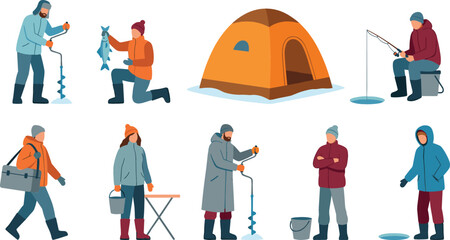 Winter ice fishing characters vector illustration set featuring fishermen drilling holes catching fish sitting near tent and holding equipment in flat design style © MdSaddam