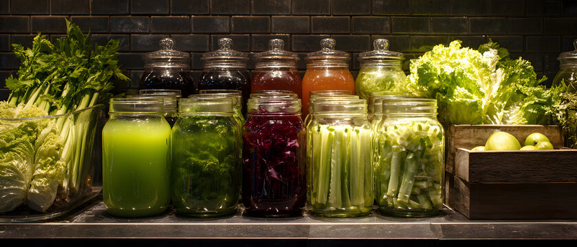 Fresh juice bar station with jars of green juice cabbage celery lettuce and colorful vegetable extracts creating vibrant healthy display