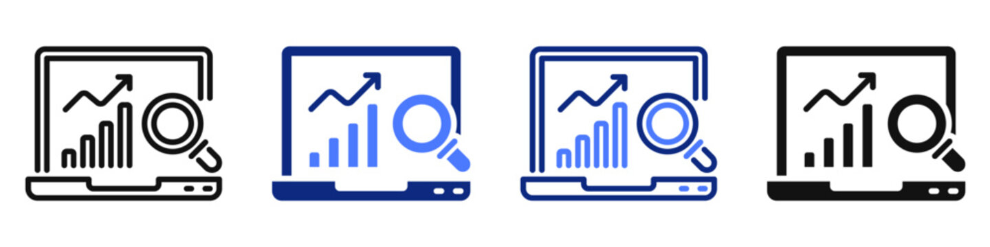Vector icon or logo of laptop, data graph and magnifying glass related to statistics and analytics, data science and research. Symbol for website or app UI, logo design, illustration