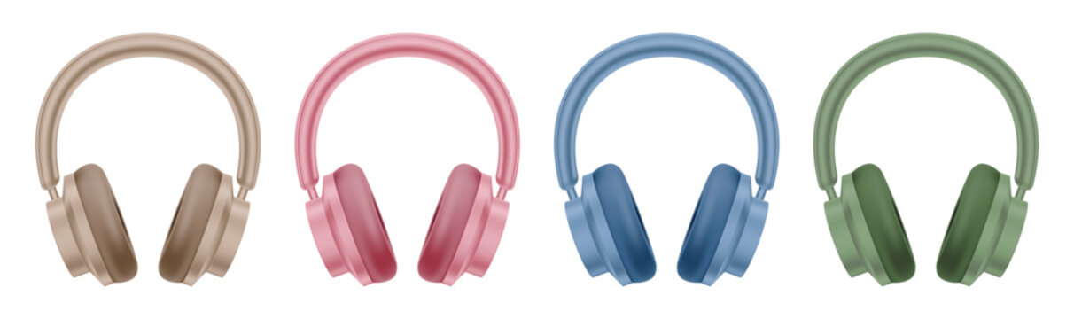 Vector icons of beige, pink, blue and green headphones related to music and entertainment industry, audio and sound equipment. Realistic illustration isolated on white background