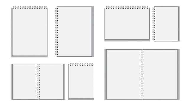 Vector illustration of blank paper notepads with different sizes. Realistic mockup or template, isolated on white background