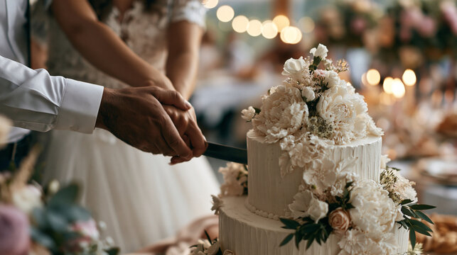 Cropped view of a bride and groom cutting a tiered white wedding cake decorated with flowers during an elegant outdoor reception.