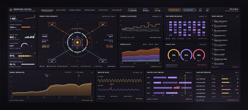 Futuristic dark tech control panel for sci-fi nuclear reactor telemetry. HUD UI template featuring shield load indicators, thermal fluctuation graphs, and an energy core schematic. Vector HUD, GUI