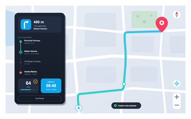 Fototapeta premium Modern navigation interface showing a highlighted driving route, upcoming turn, trip progress, speed, and arrival time. Turn-by-turn route guidance map and dashboard interface with UI. Navigation Map