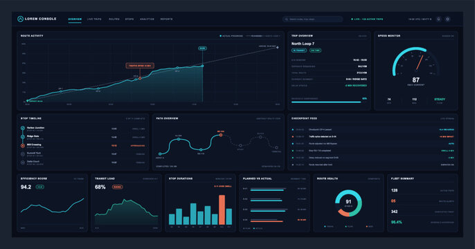 Futuristic dark dashboard UI template for logistics and fleet management. Transit telemetry tracking web interface with route maps, vehicle speed monitor, analytics graphs, and charts. Vector UI, UX