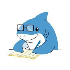 Naklejka premium A cute blue shark character wearing glasses sits at a desk, happily writing in a yellow notebook with a blue pen in a clean vector style.