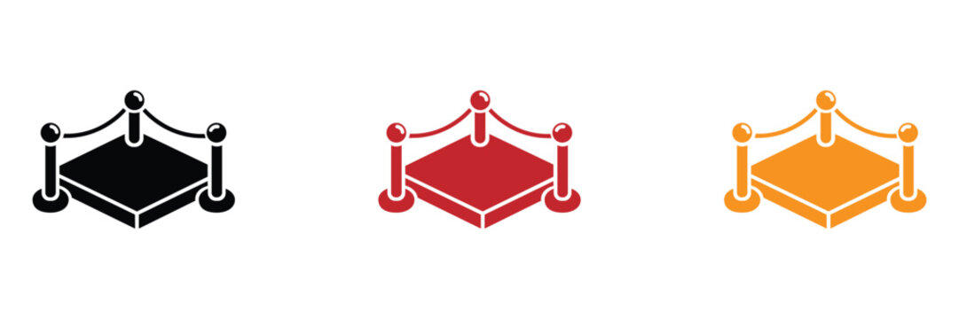 Isometric VIP platform podium with velvet rope stanchions vector icon set featuring stage barrier symbols in black silhouette, red, and orange flat designs for luxury events