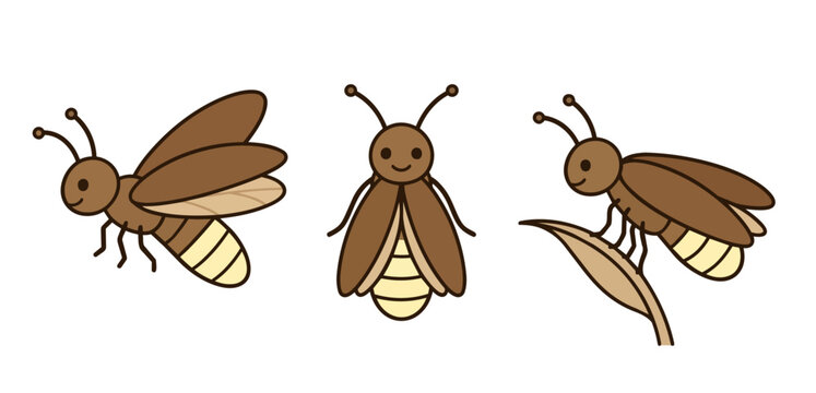 Set of cute firefly insect illustrations, flying bug drawings with happy faces, lightening bug kids art drawn in a cartoon style