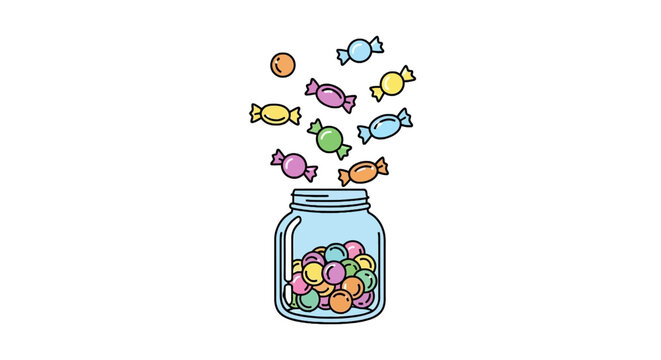 Colorful assorted candies falling into a clear glass jar