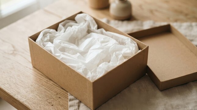 Open cardboard gift box with tissue paper
