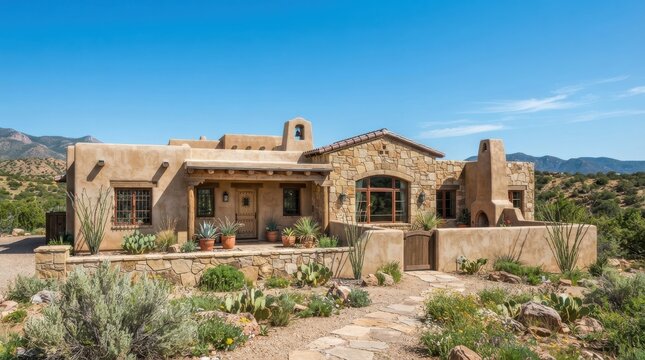 Southwestern style adobe house in desert landscape