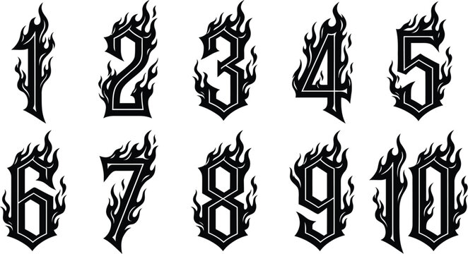A collection of numbers from one to ten, each stylized with flames and a gothic font.