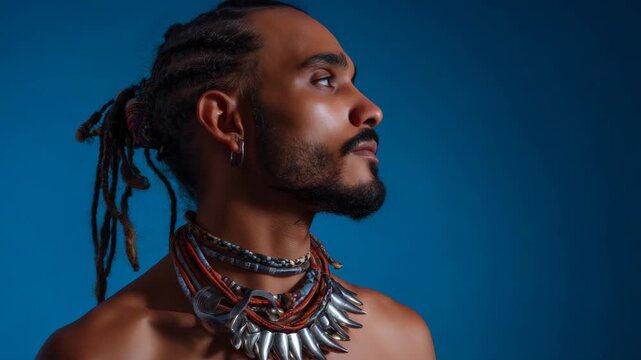 A man looking downwards with long braided hair and wearing a colorful traditional necklace. He appears to be in his late twenties or early thirties.