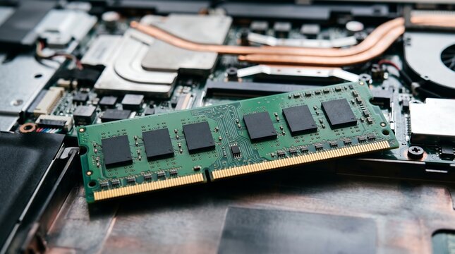 Close up view of a green computer RAM memory stick placed on top of an open laptop motherboard showing processor chips circuit boards and copper cooling heat pipes inside the device
