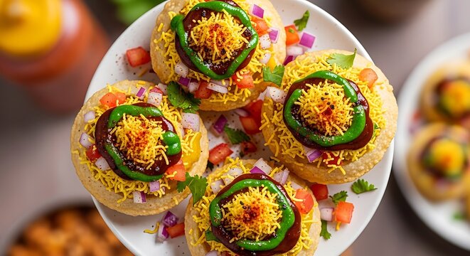 Delicious indian street food chaat served on a white plate isolated on white background