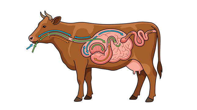 Cow Digestive System Diagram with internal ruminant stomach compartments and flow arrows on white background ideal for veterinary education and agricultural science.