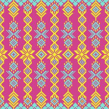 seamless damask pattern
A seamless pixel-art design featuring folk art motifs in yellow and blue against a pink background, suitable for the textile and printing industries.