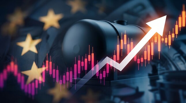 Oil price increase graph with rising financial market chart candlestick and glowing trend arrow over industrial fuel tank storage container with golden stars symbol in global economy