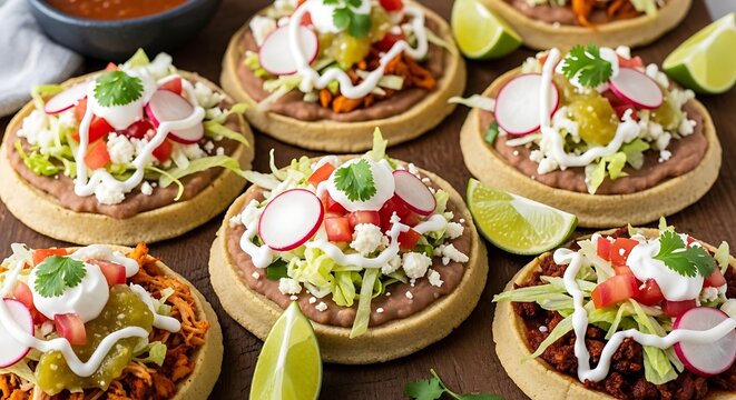 Delicious mexican tostadas with beans, vegetables, and salsa on wooden table