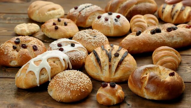 Exquisite 4K culinary footage presenting an inviting selection of fresh handmade loaves and sweet pastries displayed beautifully on a rustic timber surface perfect for high end bakeries artisanal