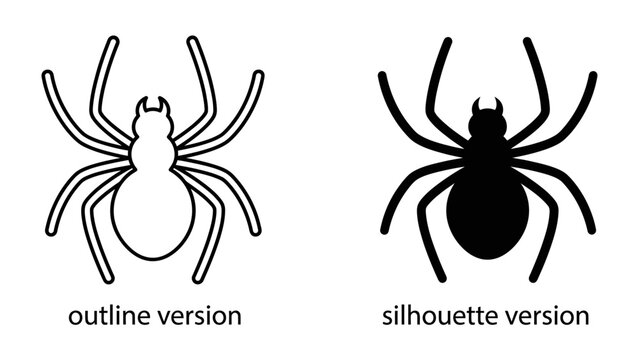 Spider Outline and Silhouette: A clear visual comparison showing a spider in both an outline and a solid silhouette style, perfect for graphic design and identification.