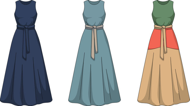 Three illustrated dresses with different necklines and colors fashion clothing sleeve