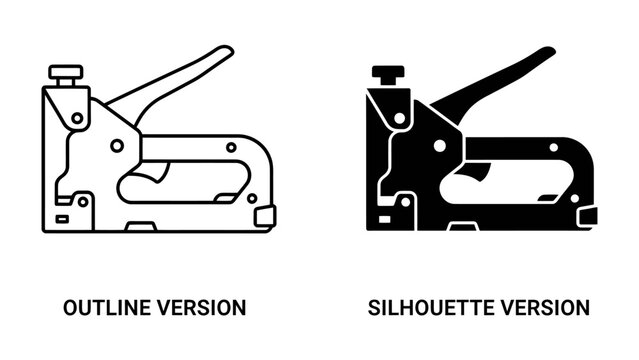 Staple Gun Icon: A dual representation of a staple gun, presented as both a clean outline and a solid silhouette, ideal for design and digital use.