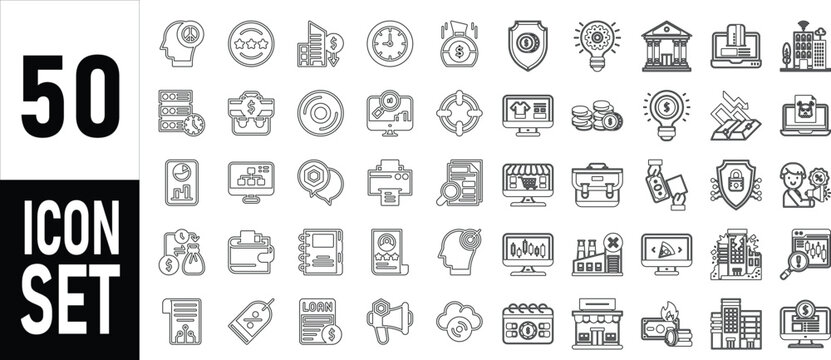 Set of 50 hand drawn business and finance icons featuring banking money growth and corporate management symbols