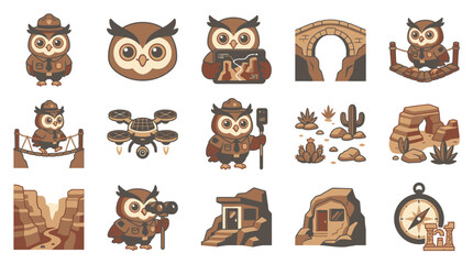 Obraz premium Canyon owl exploration and desert landscape icon collection.