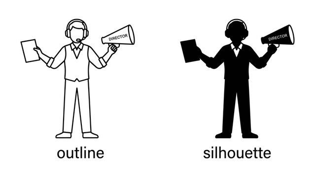 Director's Vision: A graphic representation of a director, shown in both outline and silhouette form, holding a clipboard and a megaphone, ready to call Action!.