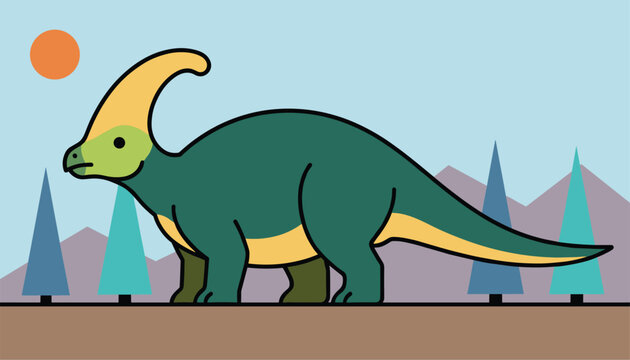 Green and yellow Parasaurolophus dinosaur walking in a prehistoric pine tree landscape with mountains under the sun.