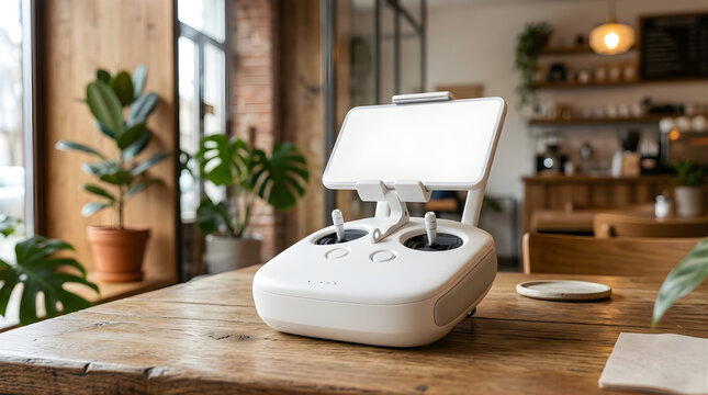 Modern White Drone Remote Controller With Tablet Screen Mounted On A Wooden Table In A Coffee Shop With Natural Light