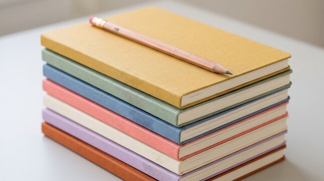 Stack of colorful hardcover notebooks with pencil resting on top close up