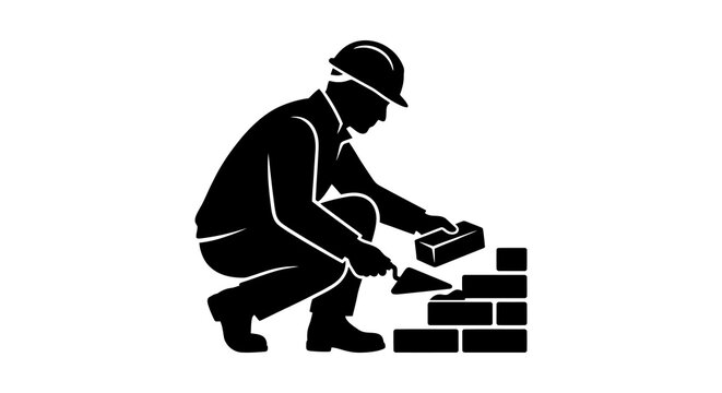 Mason Working With Bricks Black Silhouette Against White Background