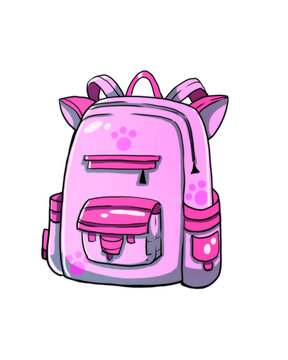 Cute Pink Cat Ear Backpack Illustration, Stylized School Bag with Paw Prints