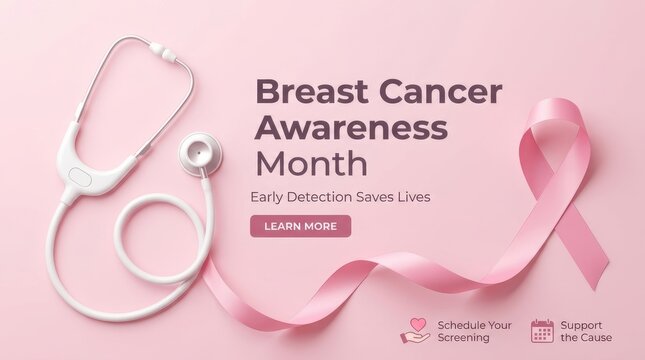 Breast Cancer Awareness Month Breast cancer awareness month banner with pink ribbon and stethoscope for health awareness campaign and early detection screening
