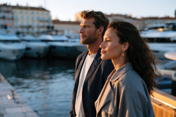 Fototapeta premium A fashionable duo stands at the harbor during golden hour, reflecting on the tranquil surroundings and the luxury yachts, celebrating their bond in a picturesque setting.