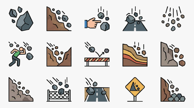 Industrial Showing Various Rockfall and Landslide Scenarios with Safety Barriers and Warnings with high quality professional line art symbols for modern creative design and digital branding projects