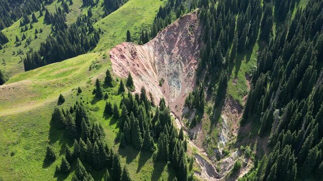 Aerial view of the Krasny Yar clay canyon tourist attraction in the mountains near Almaty