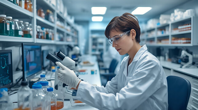 Female scientist using microscope in laboratory. Professional researcher conducting experiment.