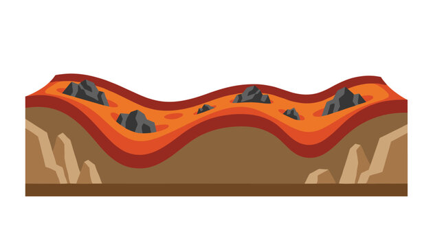 Geological cross section of earth showing underground layers with hot flowing magma and dark cooling rocks.