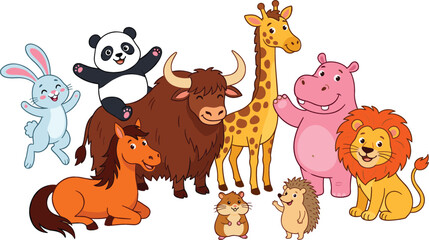 Cute cartoon wild and domestic animals vector illustration group featuring rabbit panda bull horse giraffe hippo lion hedgehog and hamster for kids design © MdSaddam