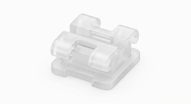 Extreme macro of a ceramic orthodontic bracket with an archwire slot on a pure white background.