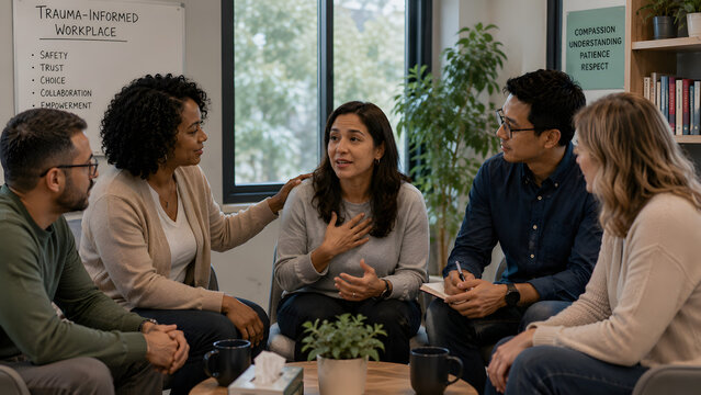 Diverse team supporting member managing family trauma at work