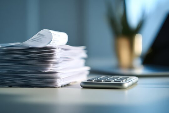 Stack of paper receipts and calculator on desk. Financial accounting and budget management. Office work with taxes and expense report. Business document calculation and administration.