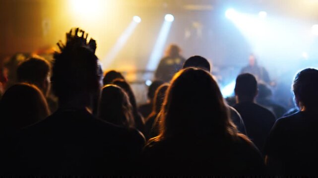 High-quality 4K stock footage of a cinematic, energetic crowd silhouette at a live music concert, capturing a vibrant nightlife atmosphere.
