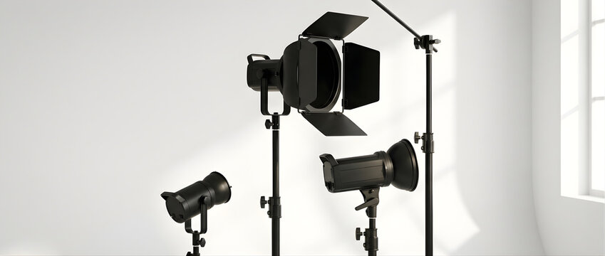 Professional Photography Studio Lighting Equipment Set Up With Multiple Lights and Stands Ready For A Shoot