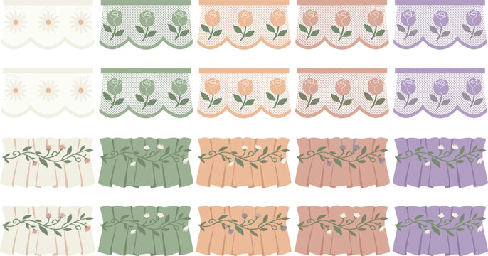 Floral Lace Curtain Ruffle Border Set with Decorative Fabric Valances, Botanical Textile Trim, Elegant Drapery Elements, and Vintage Home Decor Collection