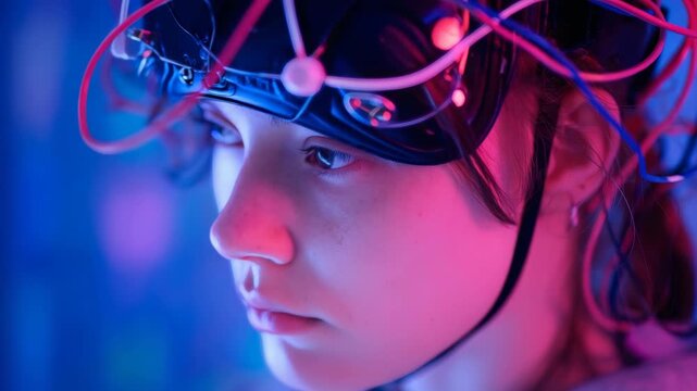 Young woman wears futuristic headgear with glowing wires. Blue and pink lighting illuminates her focused expression. She appears engaged in advanced neural or virtual reality experience